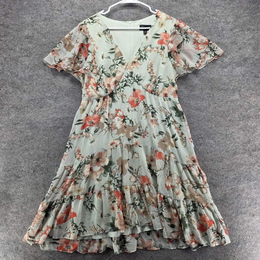 Connected Apparel Dress Womens 12 Green Floral Wrap Chiffon Ruffle Knee Length